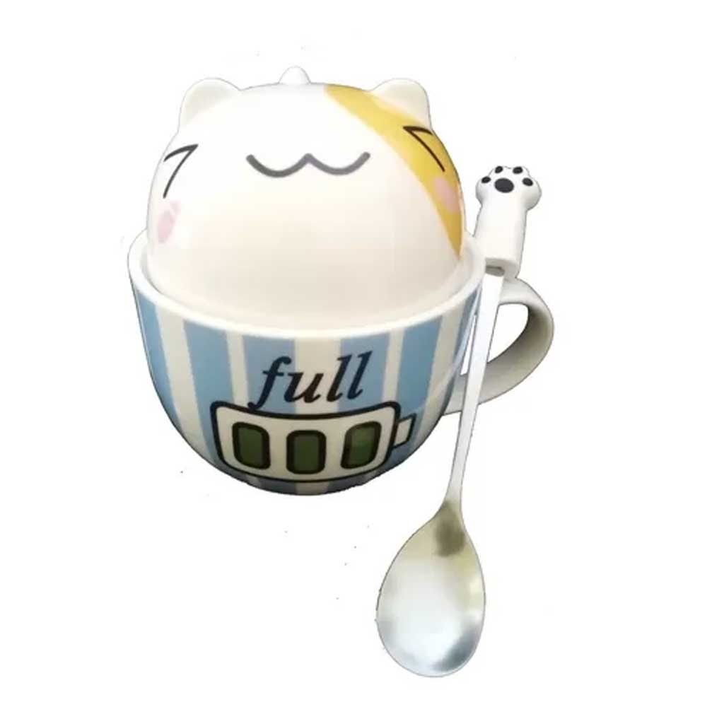 Taza Doble Y Cuchara Gato Gatito Batería Kawaii