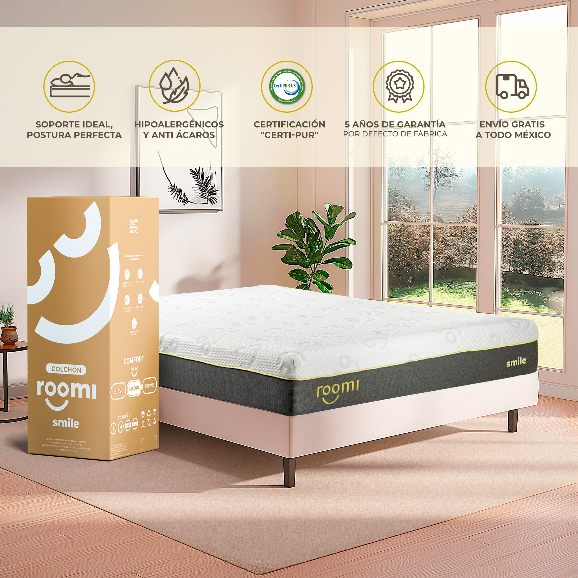 Colchón en Caja Matrimonial Roomi Smile De Memory Foam Confort Medio.