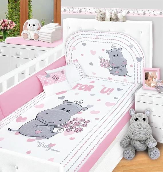 Set Edredon Cuna Cama Corral Baby Baby 6 Piezas Hippo Flores