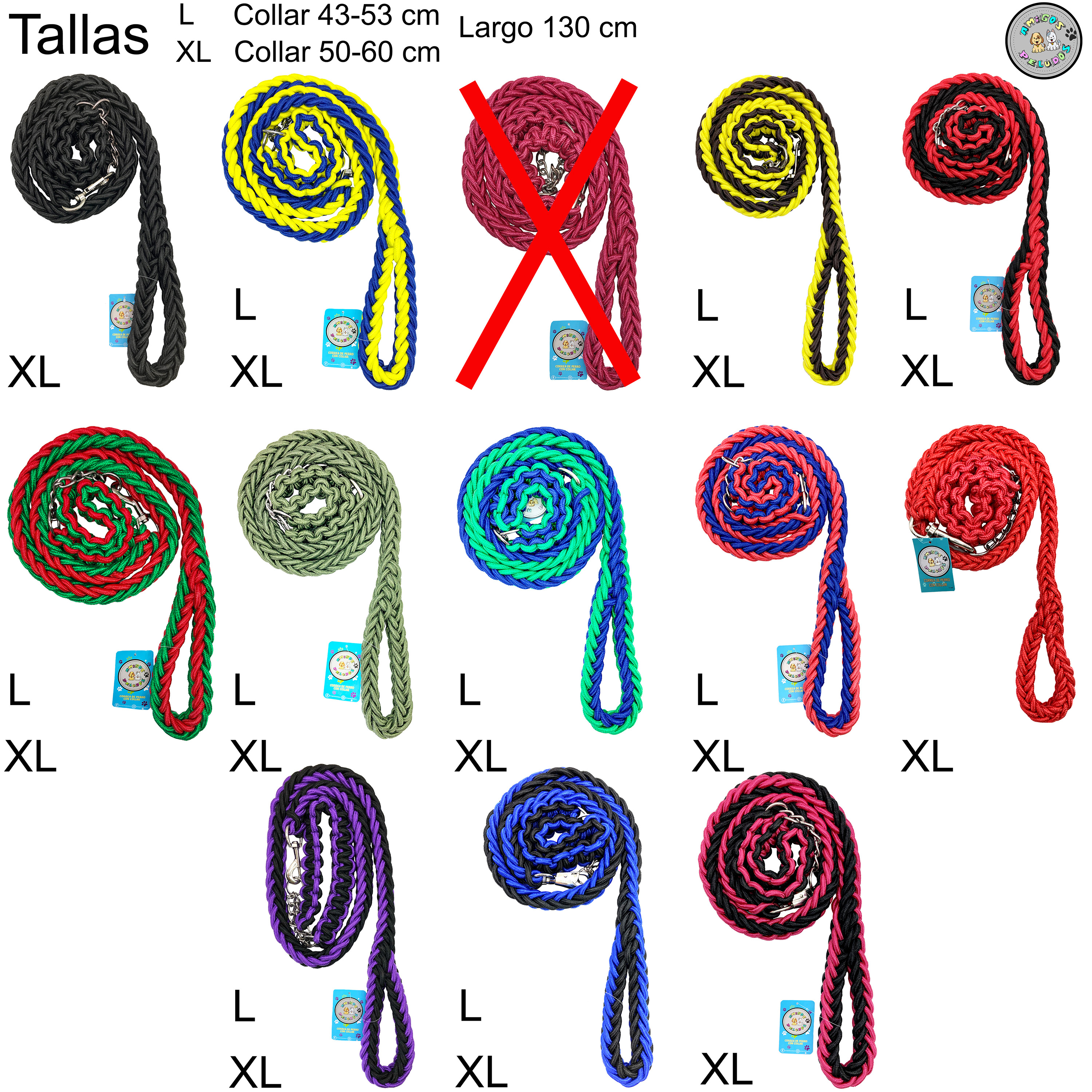 Correa colllar Perro Raza Grande seguridad Trenzada Bitonos.