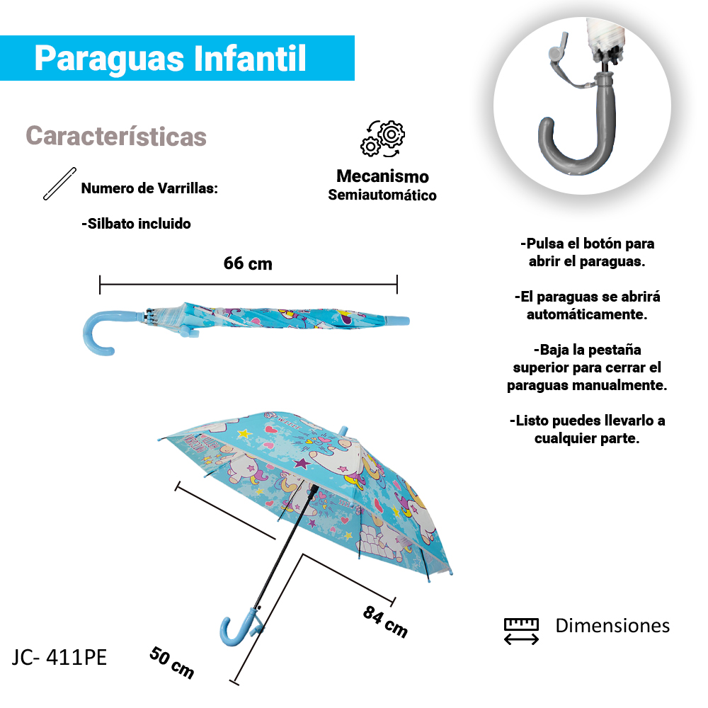 Paraguas Sombrilla Infantil Estampado De Colores Y Silbato.