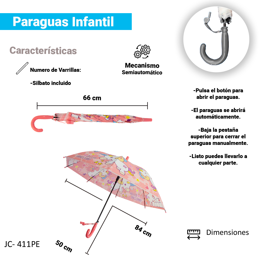 Paraguas Sombrilla Infantil Estampado De Colores Y Silbato.