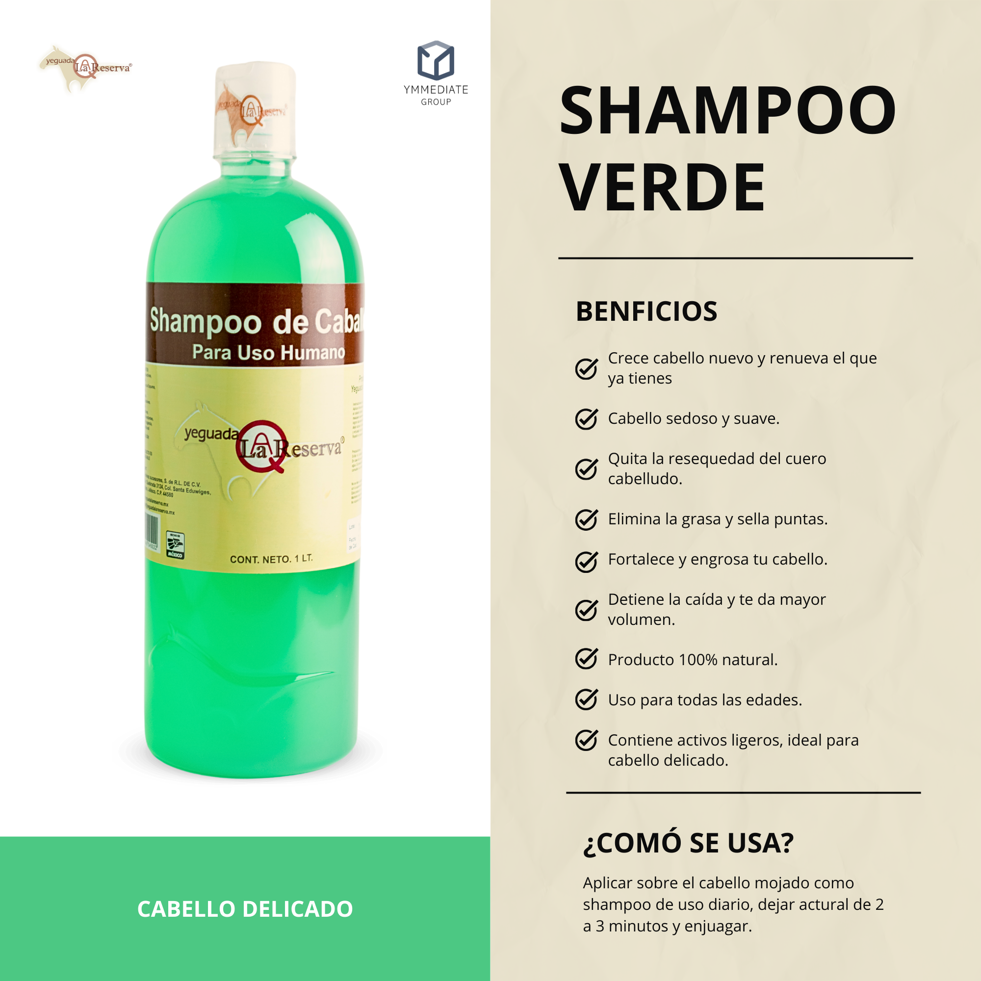 Shampoo de Caballo VERDE para Uso Humano, Yeguada la Reserva. Ideal para Cabello Delicado . Estimula el Crecimiento, Fortalecimiento y Brillo . 1 L (1 Botella)