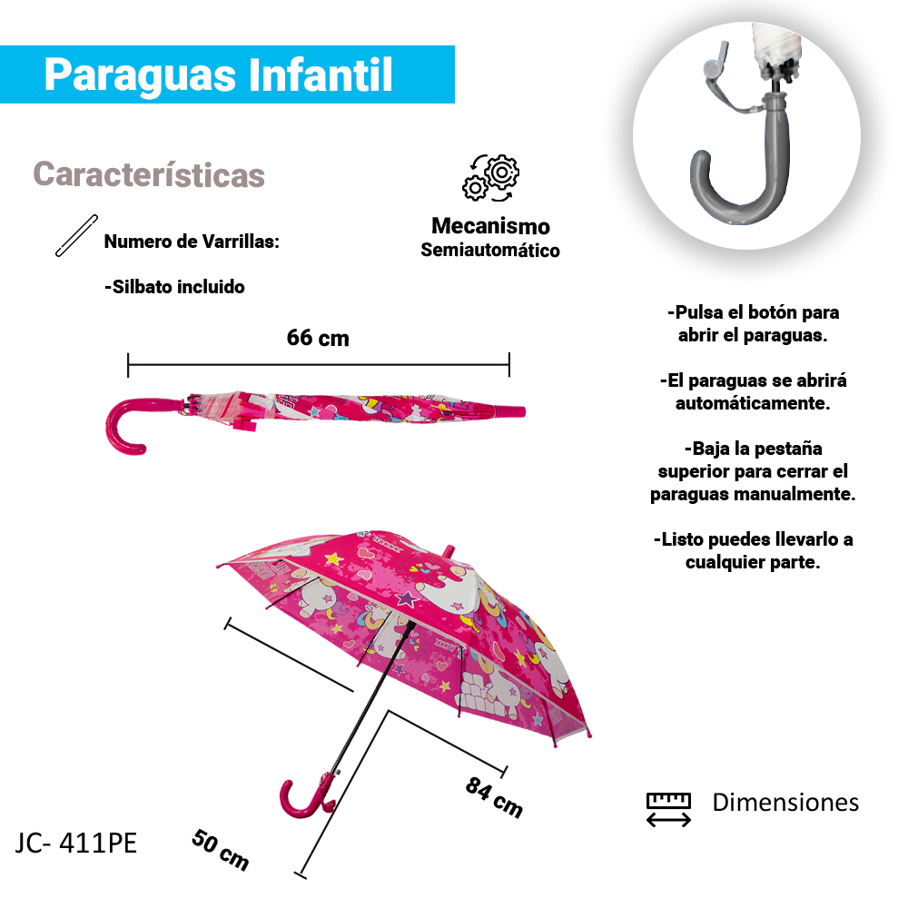 Paraguas Sombrilla Infantil Estampado De Colores Y Silbato.