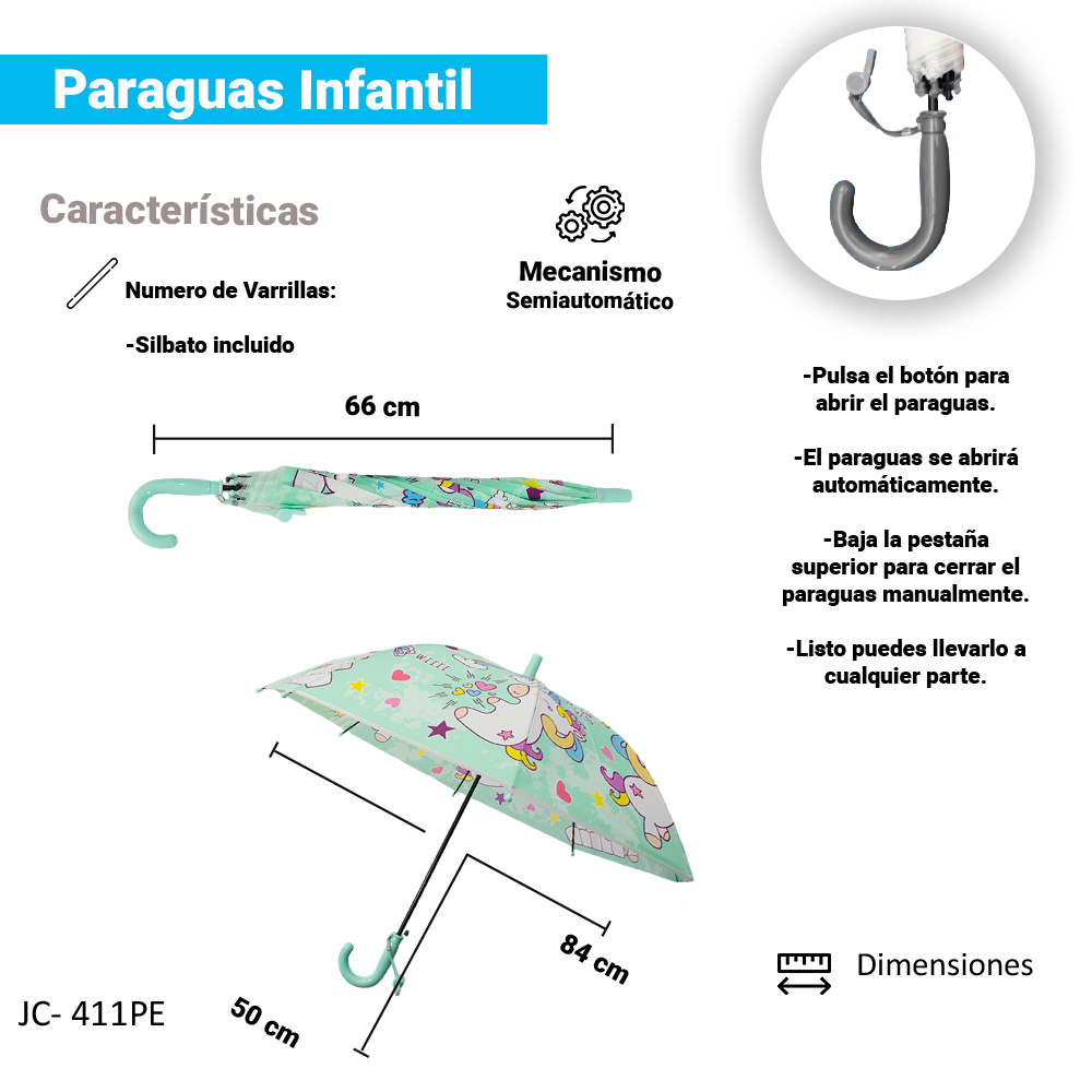 Paraguas Sombrilla Infantil Estampado De Colores Y Silbato.