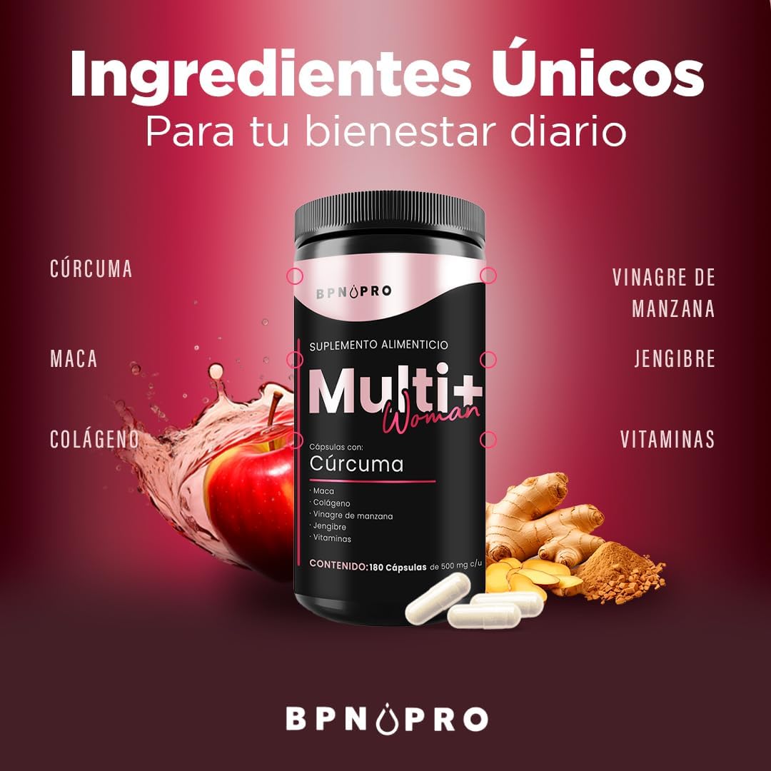 Multivitamínico Para Mujer VItaminas Cúrcuma Colágeno BPN 180 Capsulas Jengibre..