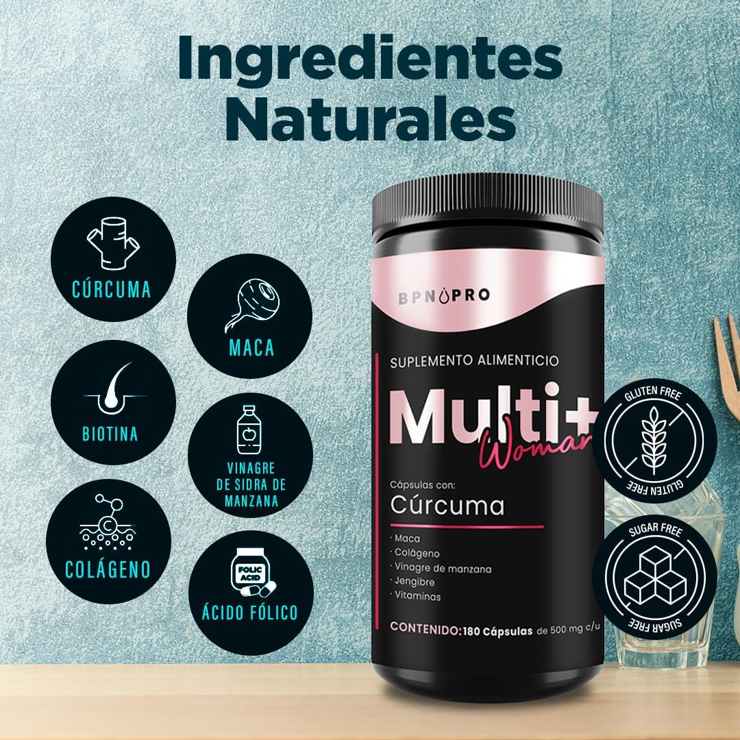 Multivitamínico Para Mujer VItaminas Cúrcuma Colágeno BPN 180 Capsulas Jengibre..