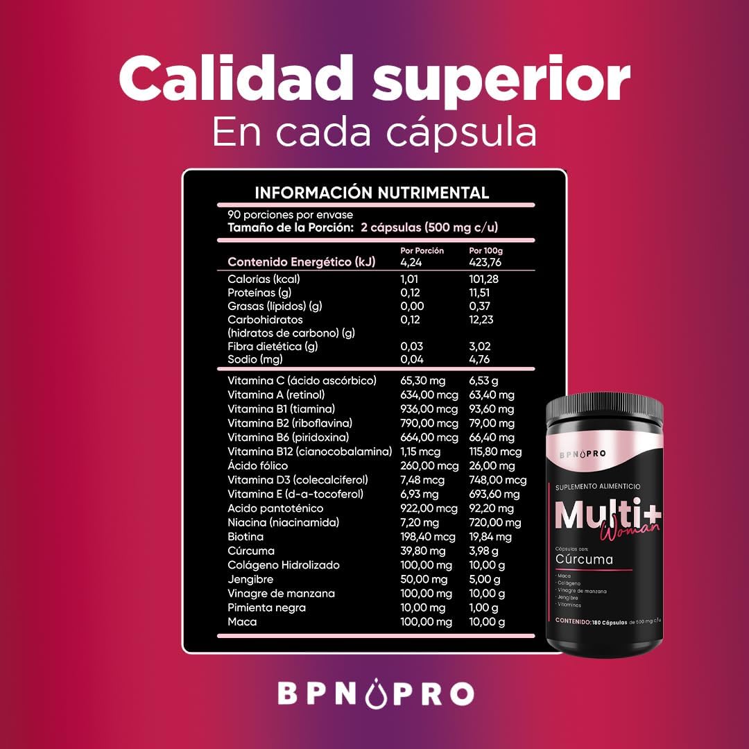 Multivitamínico Para Mujer VItaminas Cúrcuma Colágeno BPN 180 Capsulas Jengibre..