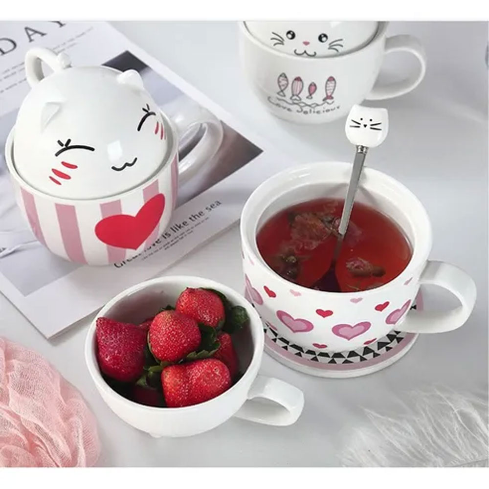 Taza Doble Y Cuchara Gato Gatito Corazón Amor Kawaii Regalos.