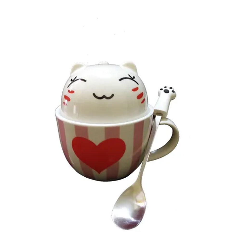 Taza Doble Y Cuchara Gato Gatito Corazón Amor Kawaii Regalos.