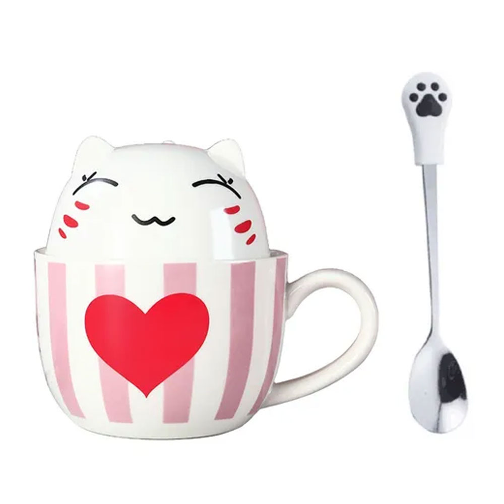 Taza Doble Y Cuchara Gato Gatito Corazón Amor Kawaii Regalos.