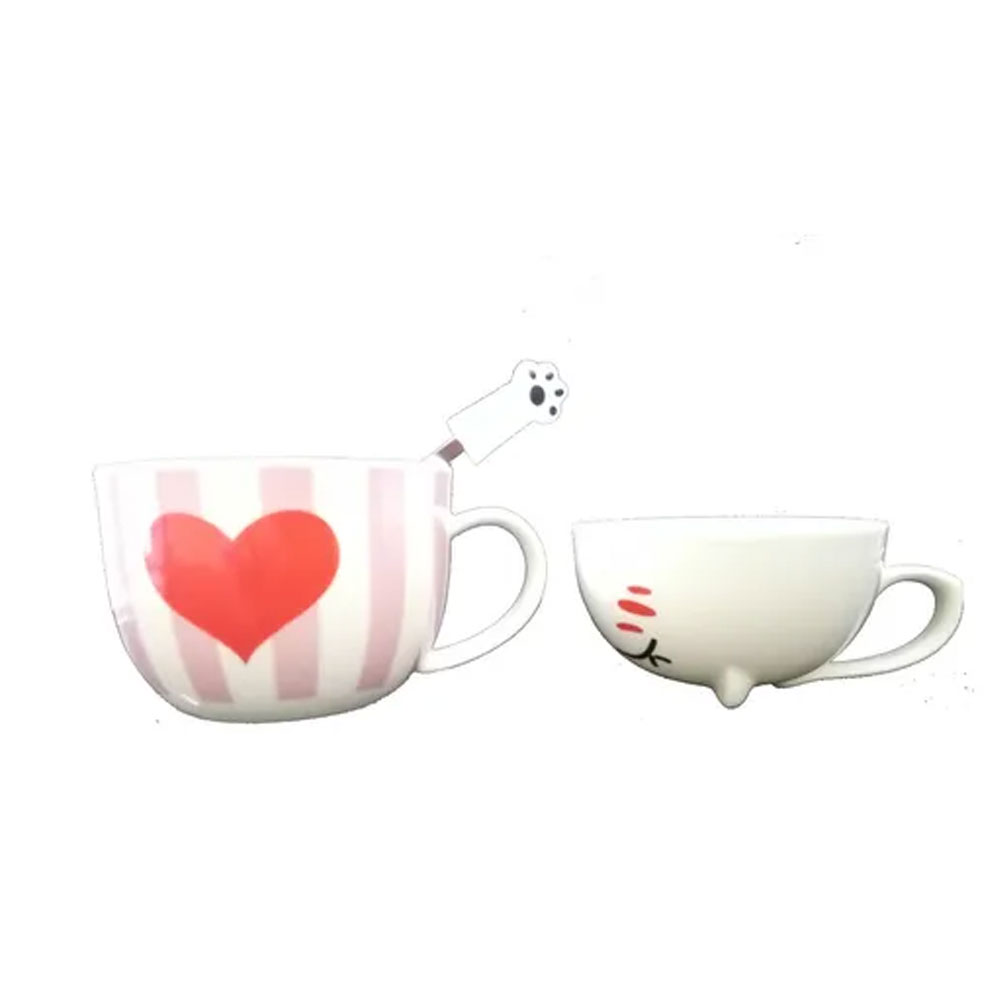 Taza Doble Y Cuchara Gato Gatito Corazón Amor Kawaii Regalos.