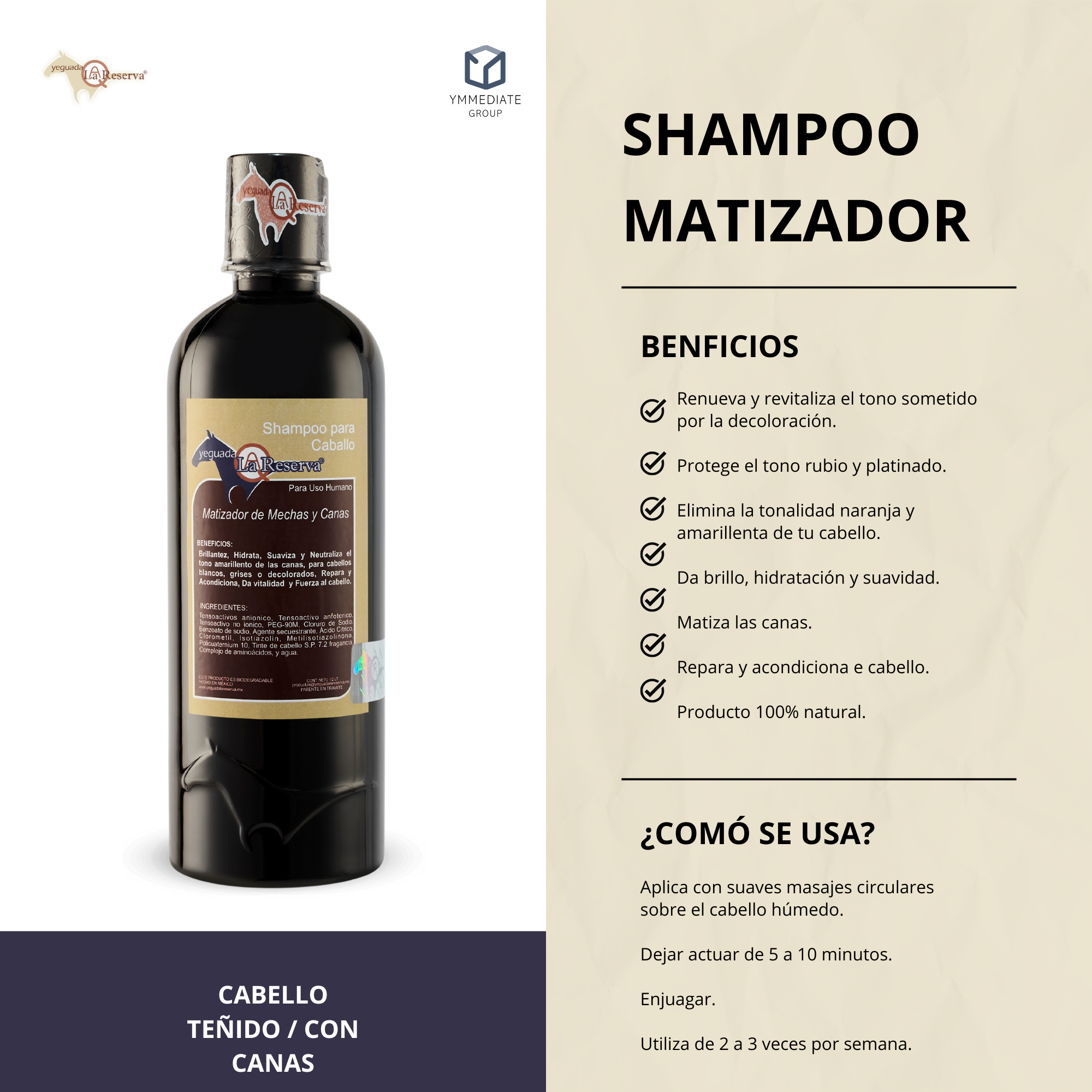 Shampoo MATIZADOR de Mechas y Canas Yeguada la Reserva . Tratamiento Matizante, Elimina Tonos Deslavados, Amarillos, Rojos y Verdes por Tintes y Decoloraciones. Shampoo para Caballo para uso humano  500 ml. (2 Botellas)