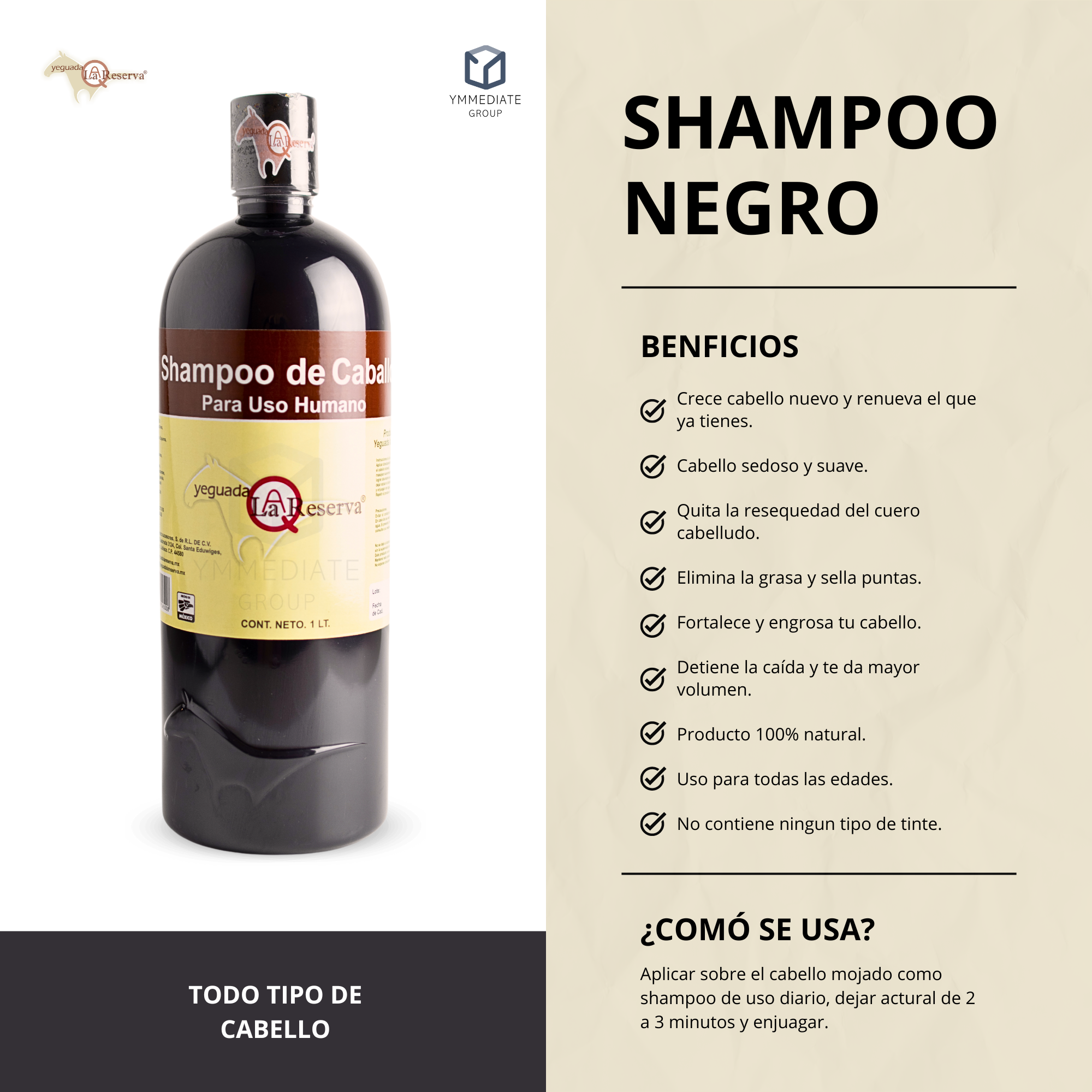 Shampoo de Caballo NEGRO para Uso Humano, Yeguada la Reserva. Ideal para Todo Tipo de Cabello. Estimula el Crecimiento, Fortalecimiento y Brillo . 1 L (2 Botellas)