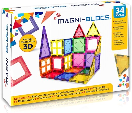 MAGNI BLOCS Imanes Didacticos Set de 34 Piezas Bloques Magneticos 3D Figuras Geometricas Magneticas Educativas para