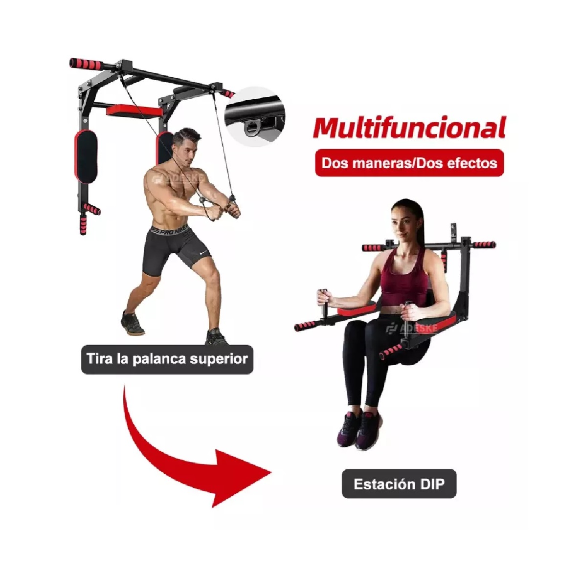 Barra 8en1 Dominadas Multifunciona Ejercicio Gym Calistenia Negro c/Rojo.