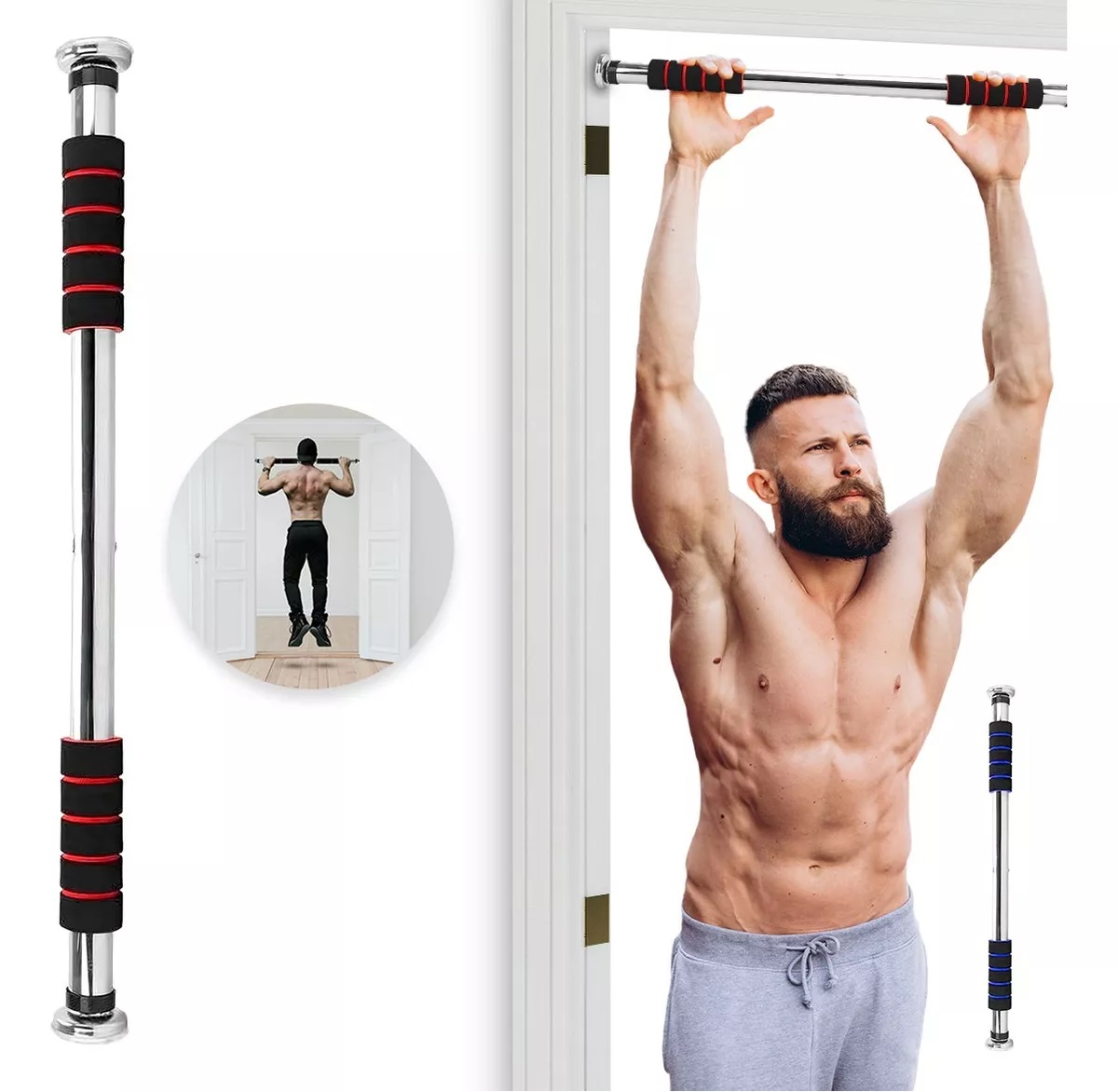 Barra Dominadas Para Puerta Abdominales Casa Gym Extensible Color Rojo.