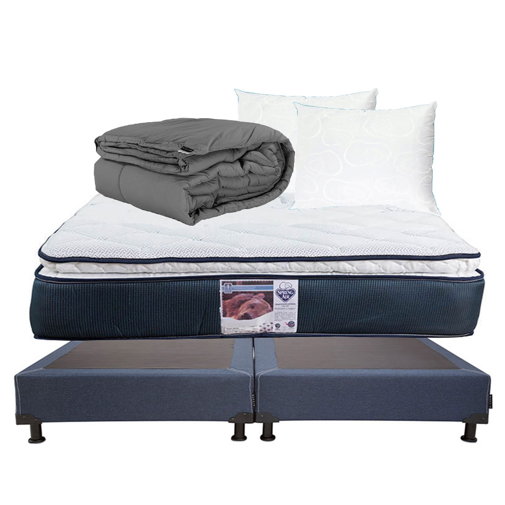Colchón King Size Spring Air Monaco con Box Azul, 2 Almohadas y Edredon.