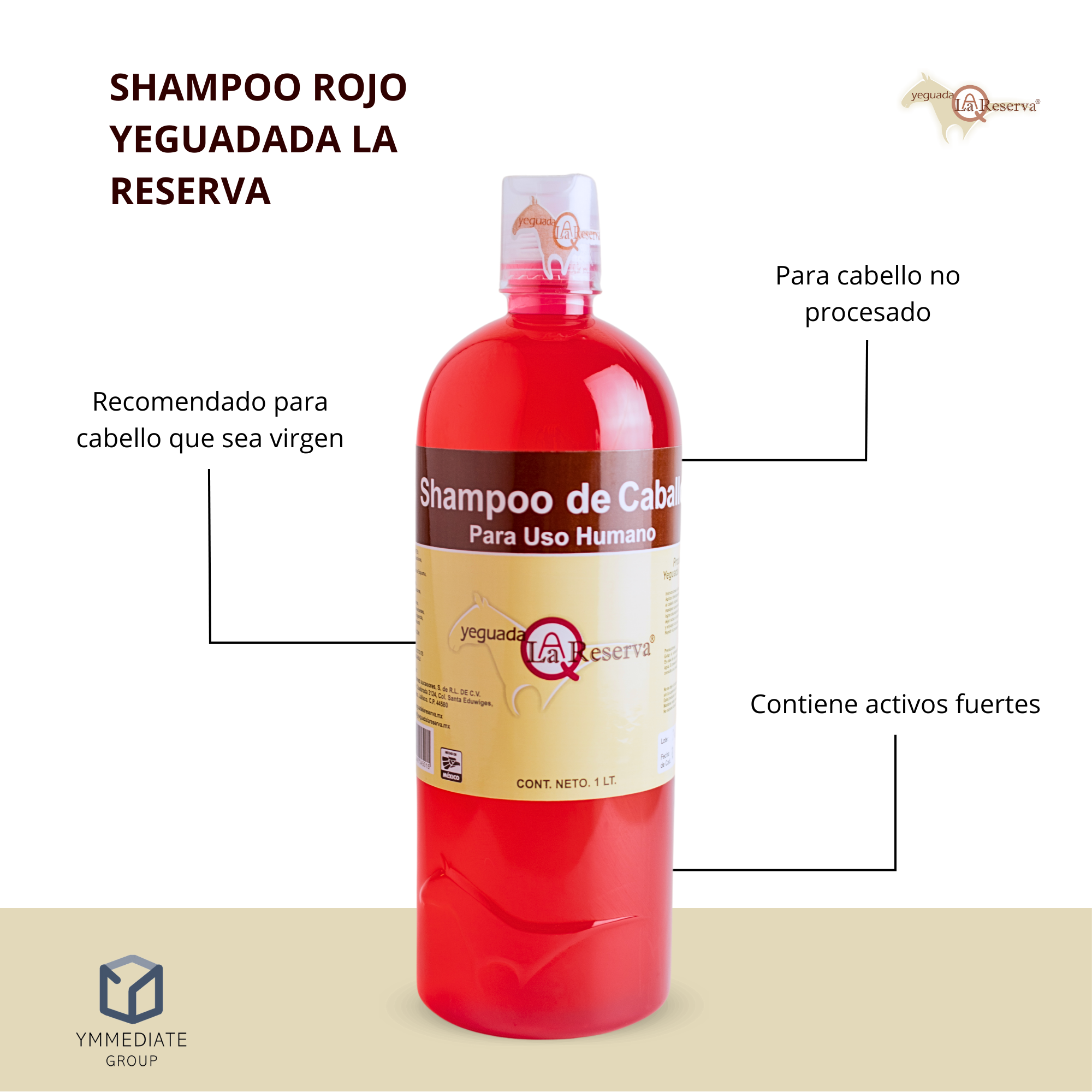 Shampoo de Caballo para Uso Humano, Yeguada la Reserva Presentación Roja Para Cabello Virgen 1LT "El Original"