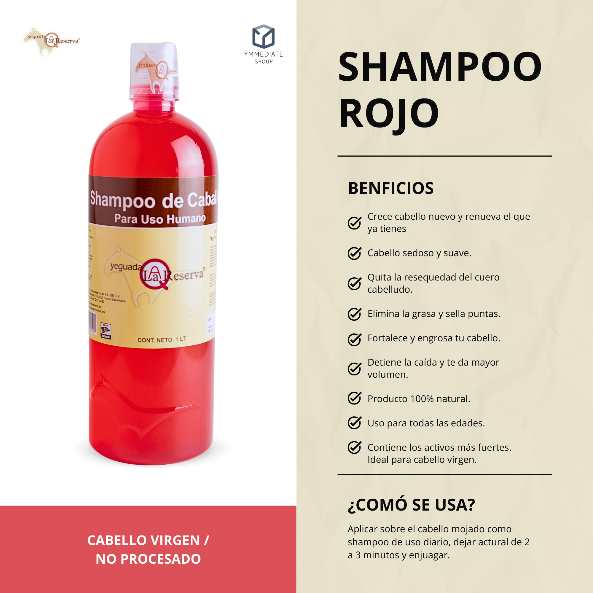 Shampoo de Caballo para Uso Humano, Yeguada la Reserva Presentación Roja Para Cabello Virgen 1LT "El Original"