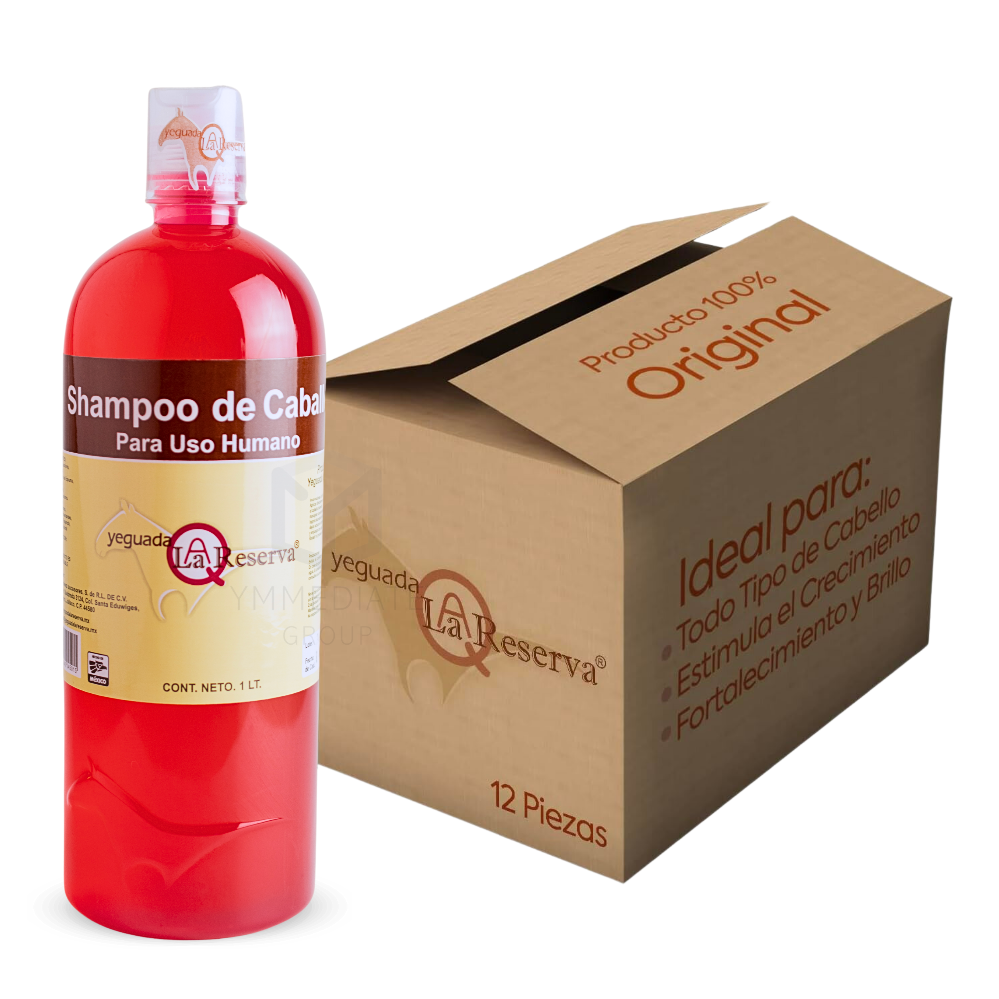 Shampoo de Caballo ROJO para Uso Humano - Yeguada la Reserva - Ideal para Cabello Virgen, Sin Procesar o Sin Maltratar - ACTIVOS MÁS FUERTES | Estimula el Crecimiento, Fortalecimiento y Brillo | 1 L (12 Botellas)