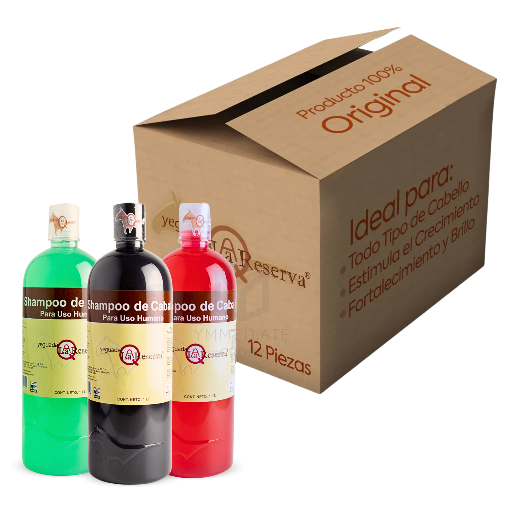 Shampoo de Caballo para Uso Humano, Yeguada la Reserva Presentaciones Verde, Rojo y Negro  Estimula el Crecimiento, Fortalecimiento y Brillo 1 L (12 Botellas Combinadas)