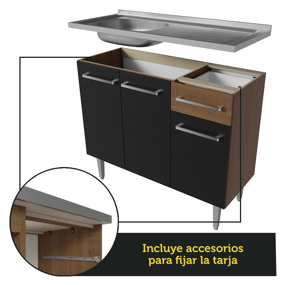 Cocina Compacta Emilly 137cm Con Mesón De Acero Marrón/Negro Madesa 07.