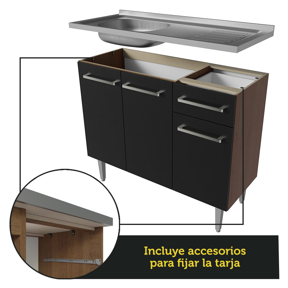 Cocina Compacta 169cm Con Mesón De Acero Marrón/Negro Emilly Madesa 13.