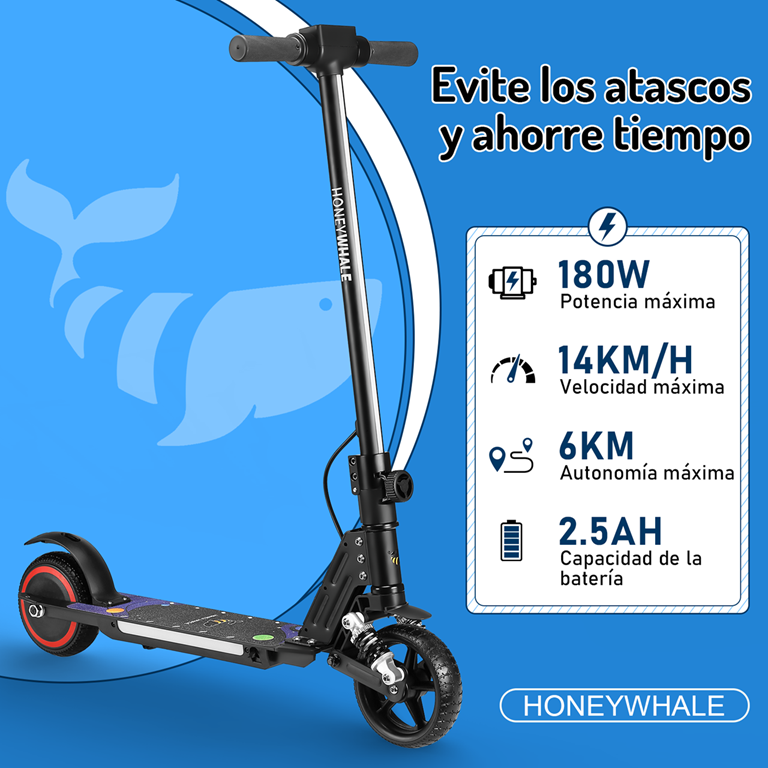 Scooter Eléctrico Infantil Honey Whale E10s Negro .