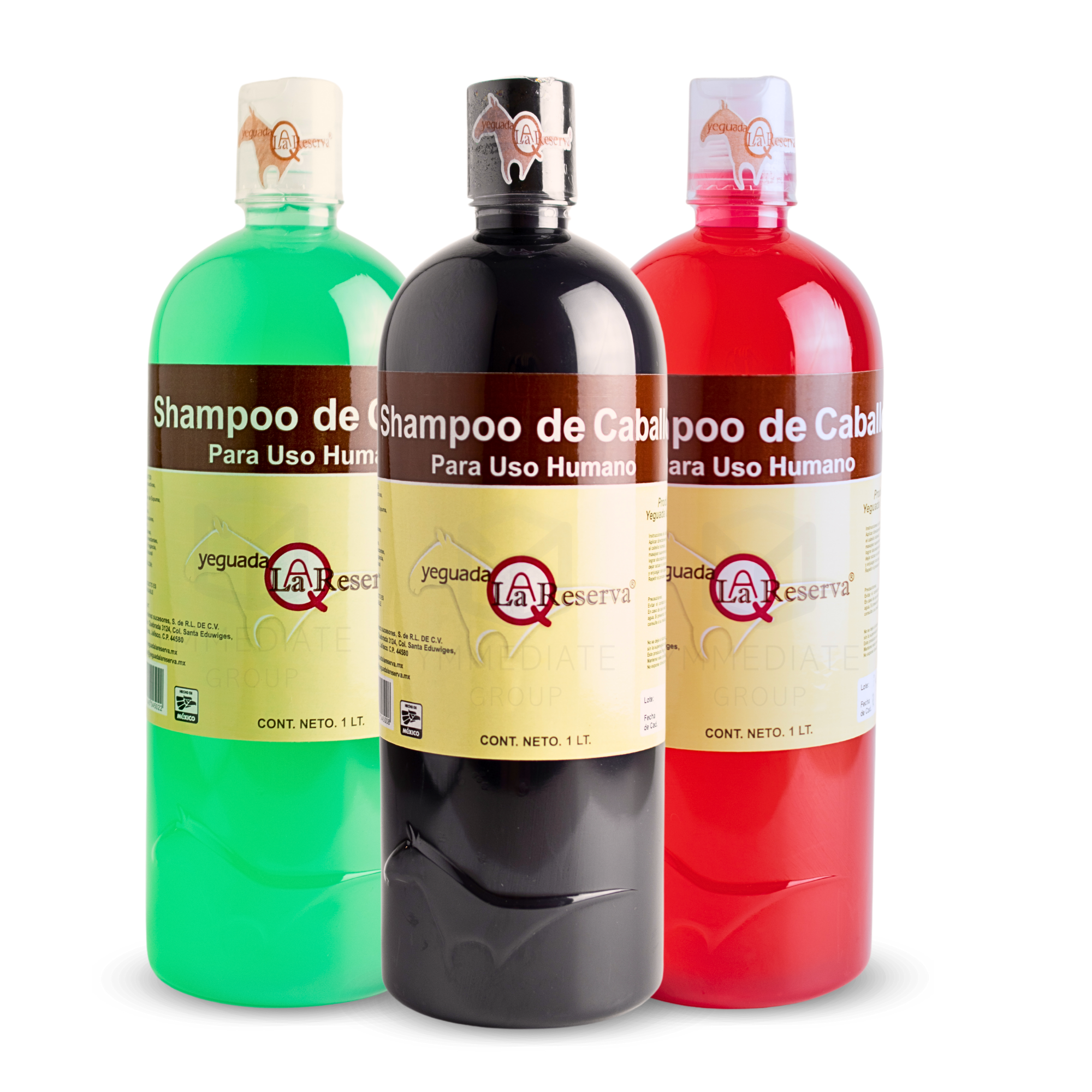 Shampoo de Caballo para Uso Humano, Yeguada la Reserva  Presentaciones Verde, Rojo y Negro Estimula el Crecimiento, Fortalecimiento y Brillo 1L (3 Botellas Combinadas)