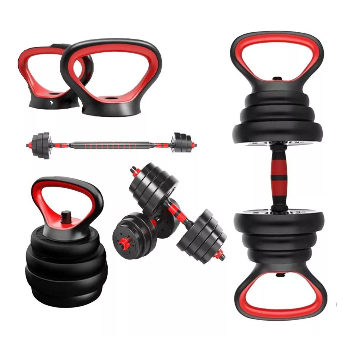 Kit Mancuernas Y Pesa Rusa Y Barra Recta Ajustable De 20 Kg.