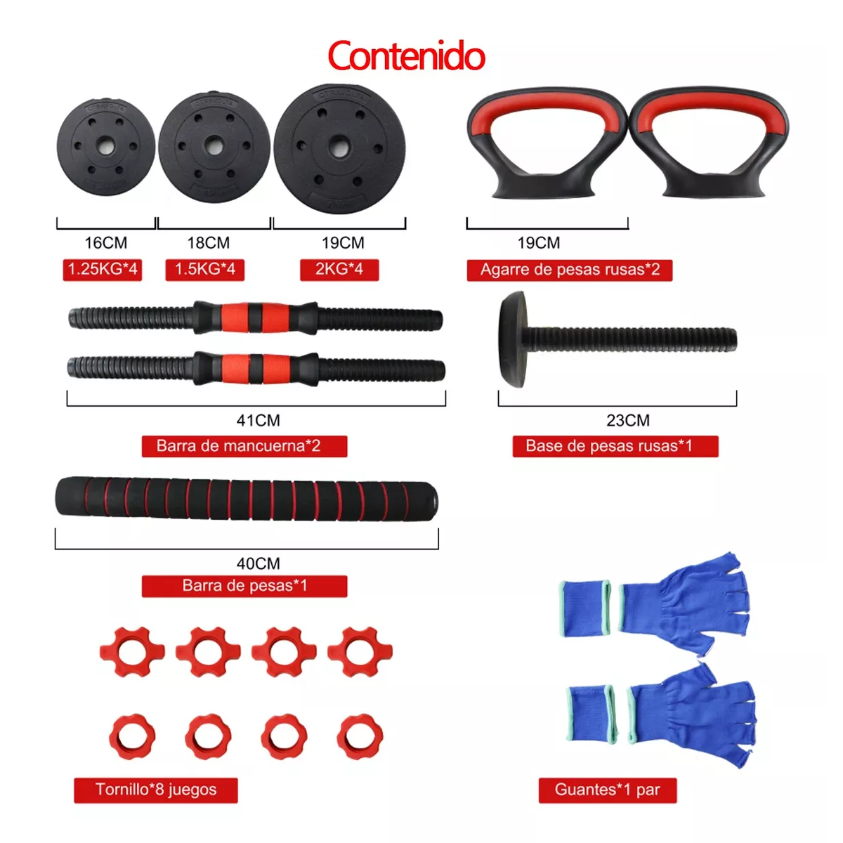 Kit Mancuernas Y Pesa Rusa Y Barra Recta Ajustable De 20 Kg.