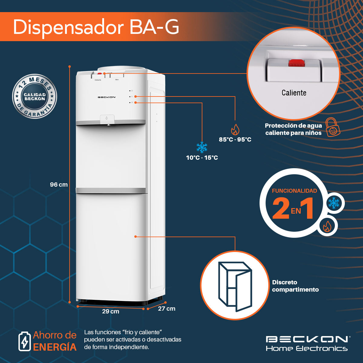 Dispensador de Agua garrafón despachador premium termoeléctrico 2 funciones Enfriador Calentador de Agua 2 tomas para garrafón de hasta 20L 127v Water dispenser Beckon