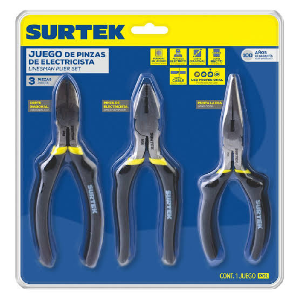 Juego de 3 pinzas para electricista 6" y 8"	Surtek	