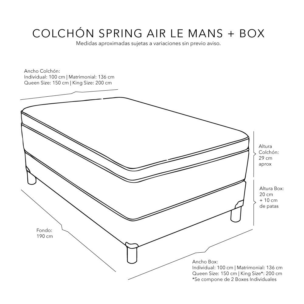 Colchón Spring Air Matrimonial LeMans Con Box Gris, Almohada Oso, Protector, Sabanas y Edredon