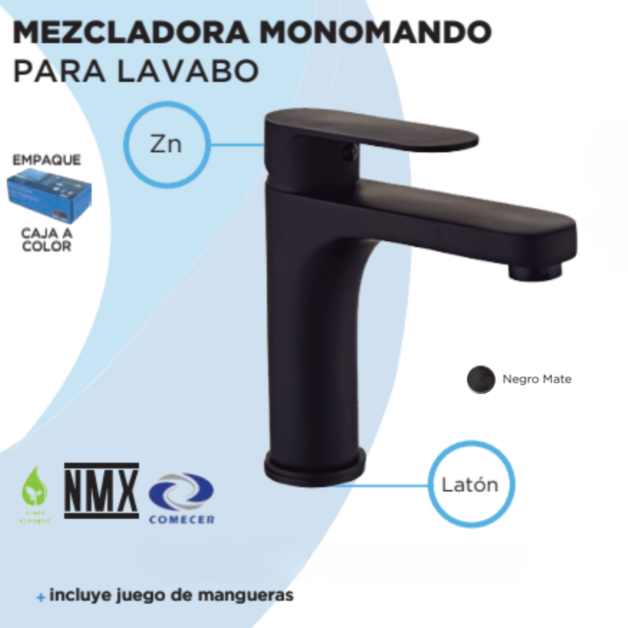 CNX Mezcladora Monomando Para Lavabo en Negro Mate, Incluye Mangueras para Agua Fría y Caliente