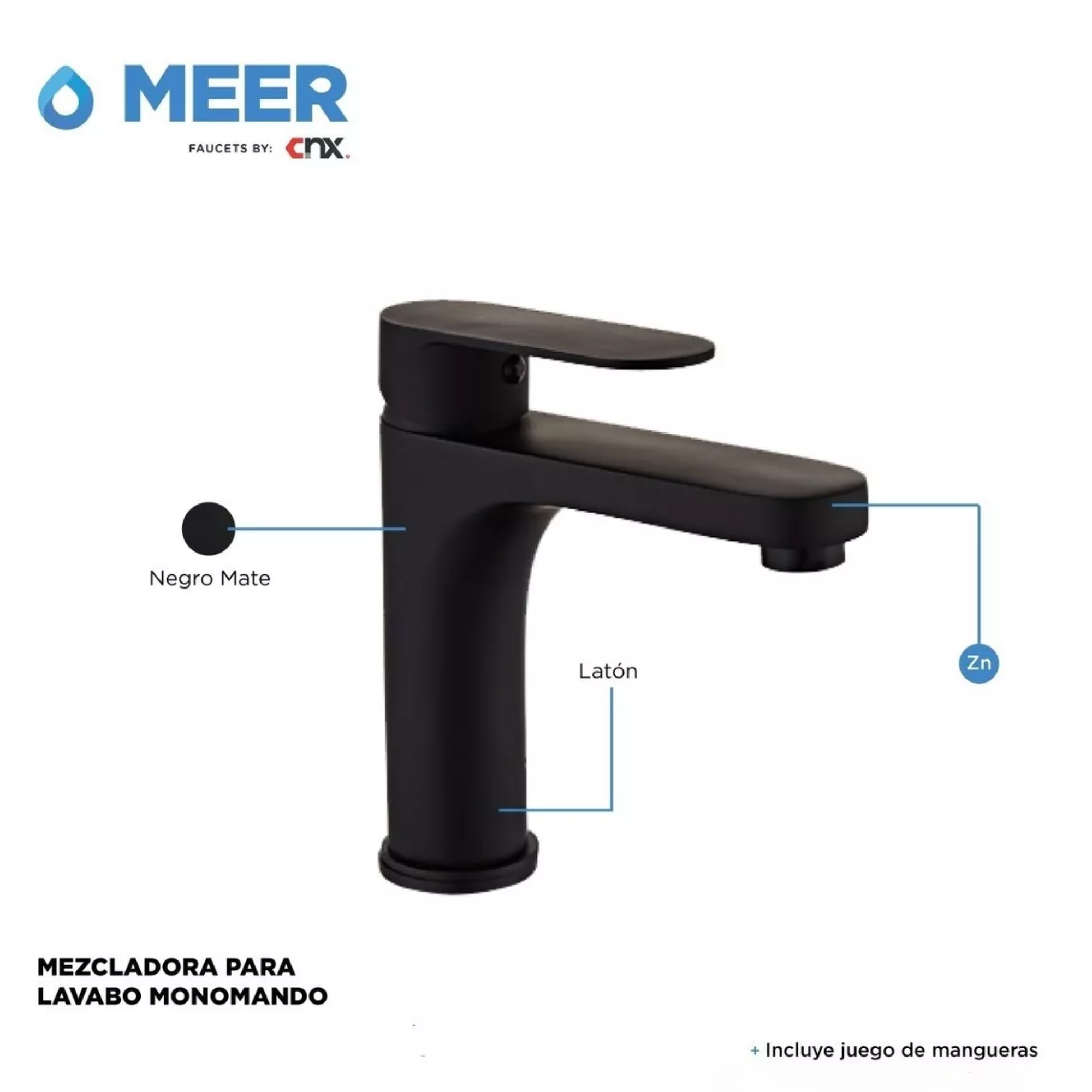 CNX Mezcladora Monomando Para Lavabo en Negro Mate, Incluye Mangueras para Agua Fría y Caliente