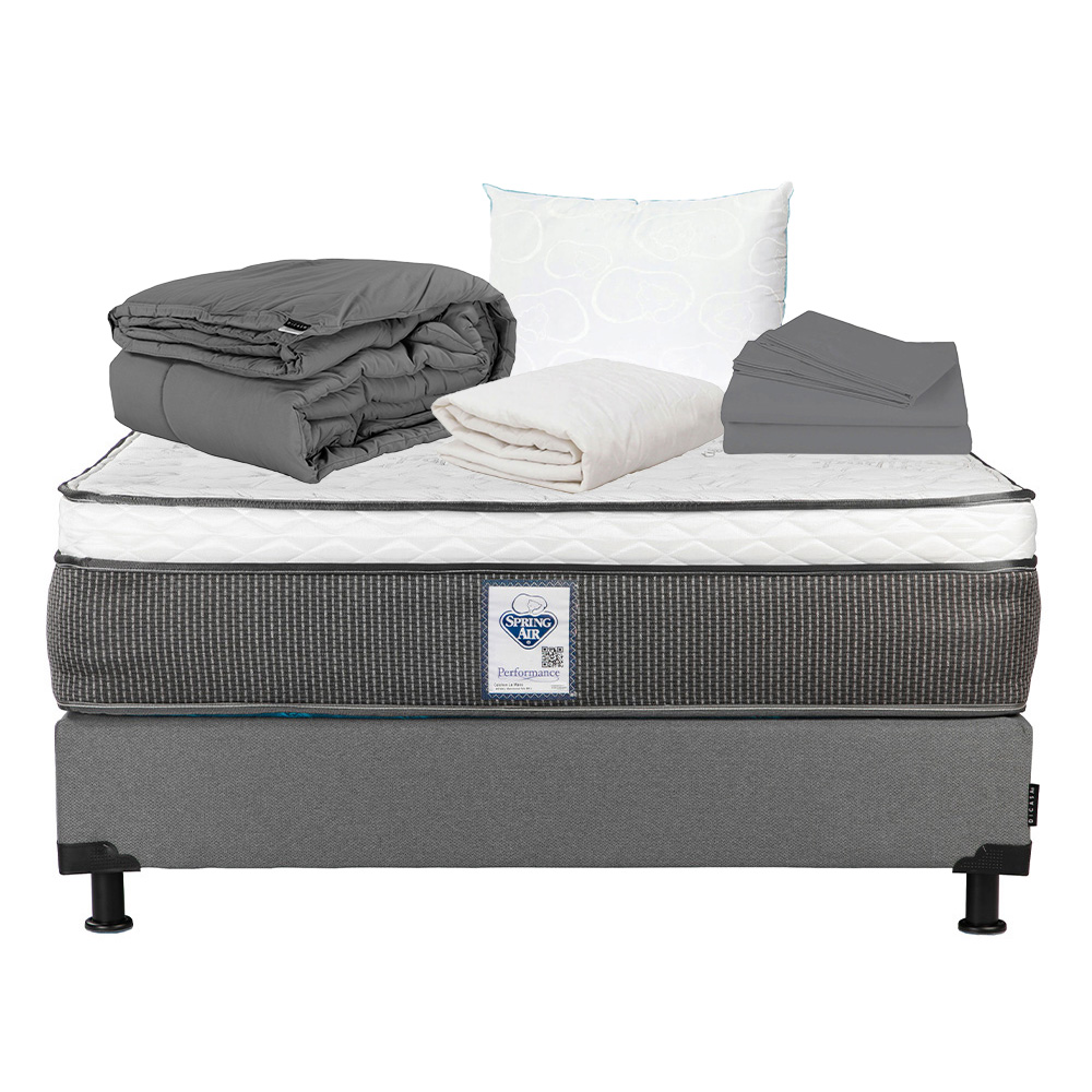 Colchón Spring Air Matrimonial LeMans Con Box Gris, Almohada Oso, Protector, Sabanas y Edredon