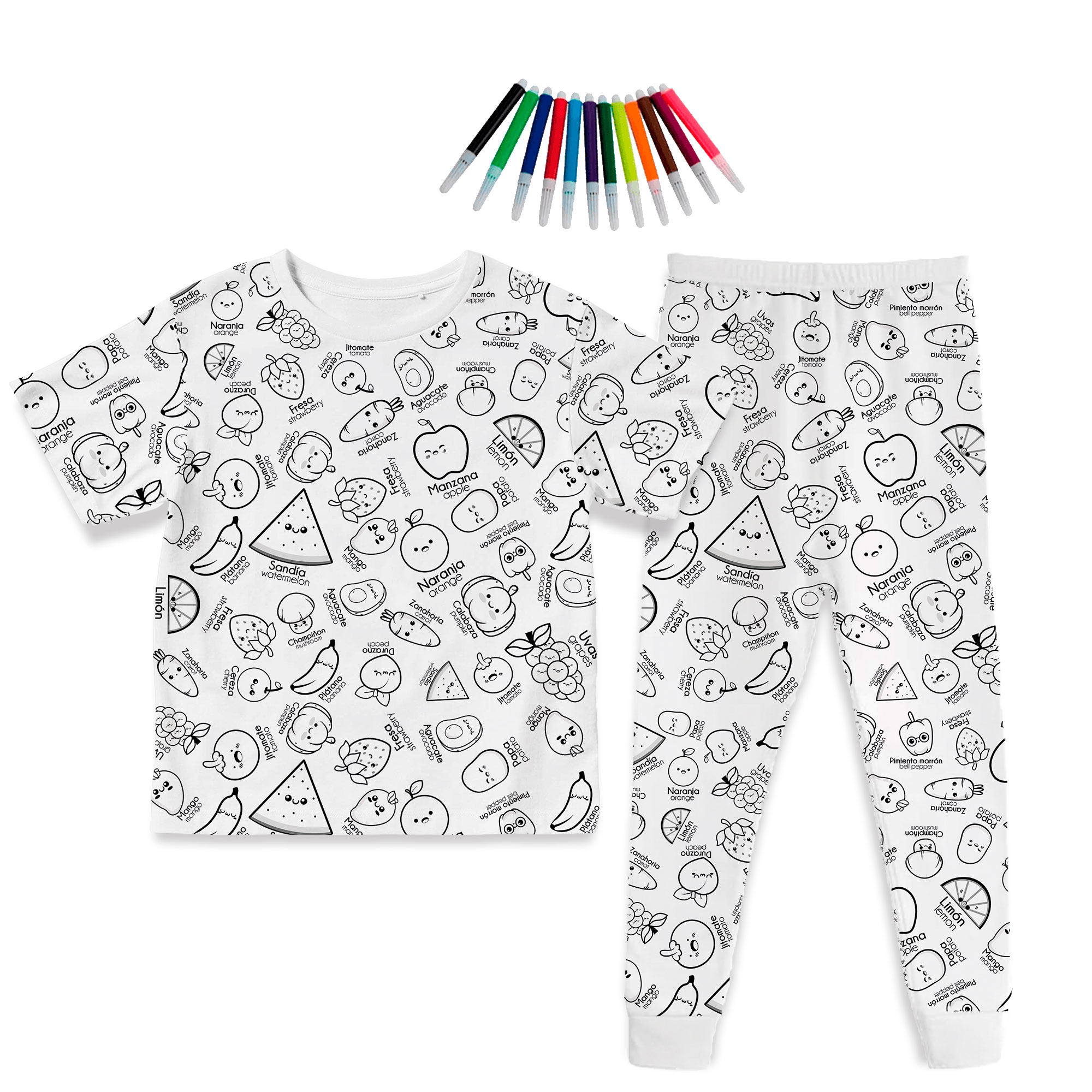 Pijama de Niños Para Colorear/Dibujar Unisex De Frutas y Verduras Bilingüe Didáctico Coloreable Plumones Incluidos