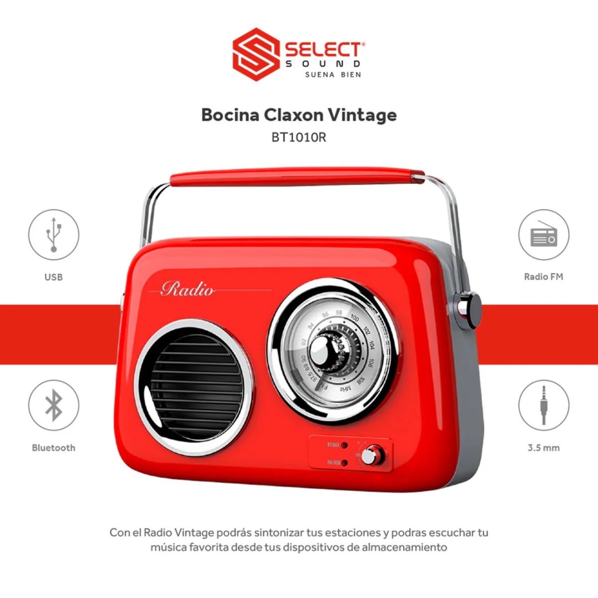 Radio Bocina Retro Select Sound BT1010R Portátil Bluetooth Rojo ENDY