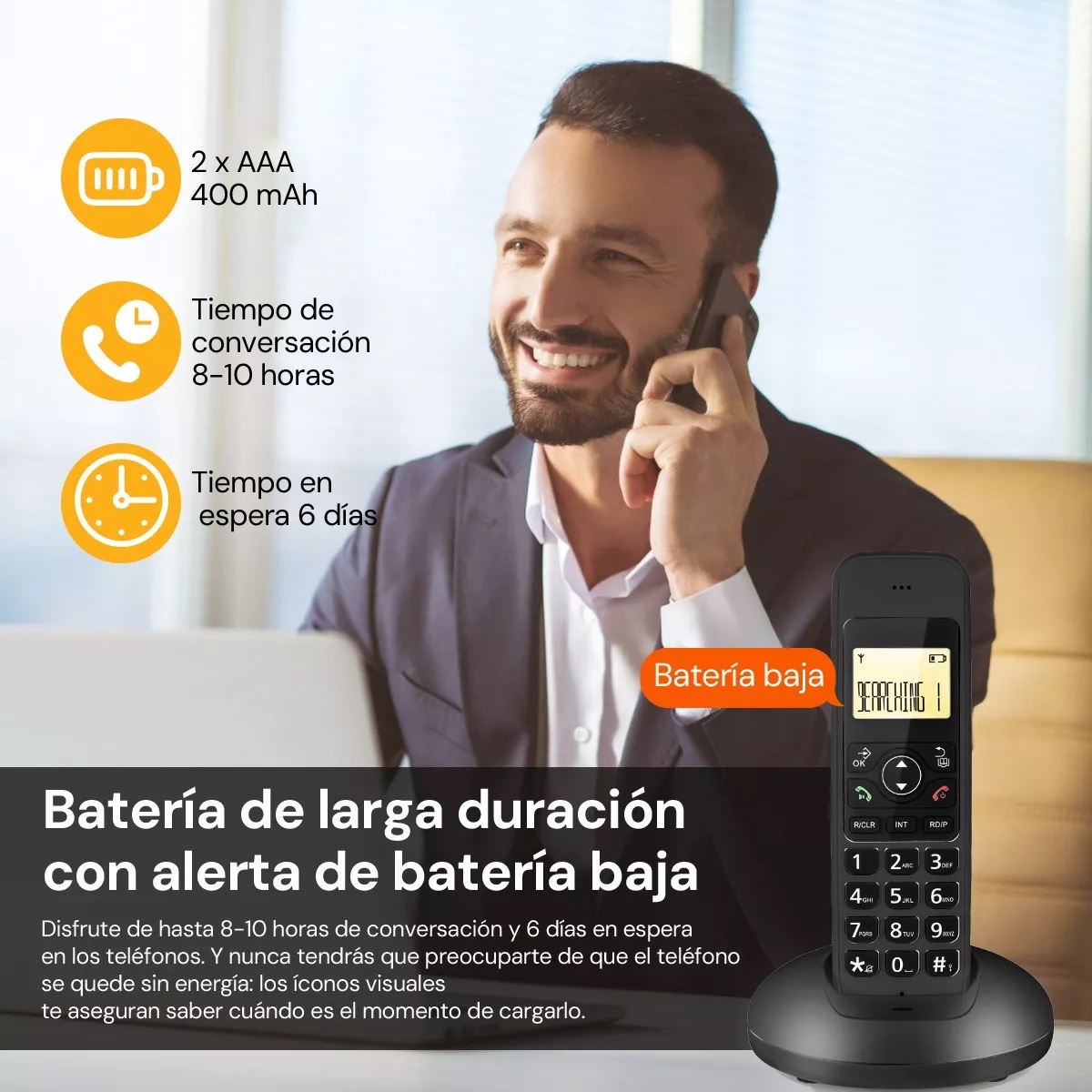 Teléfono Inalámbrico Fijo Moderno Con Lcd Para Casa Oficina Negro