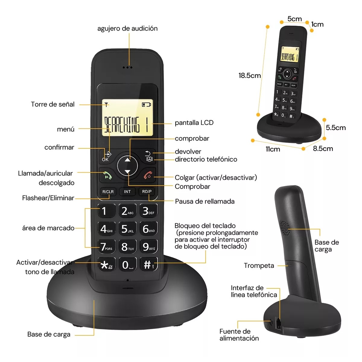 Teléfono Inalámbrico Fijo Moderno Con Lcd Para Casa Oficina Negro