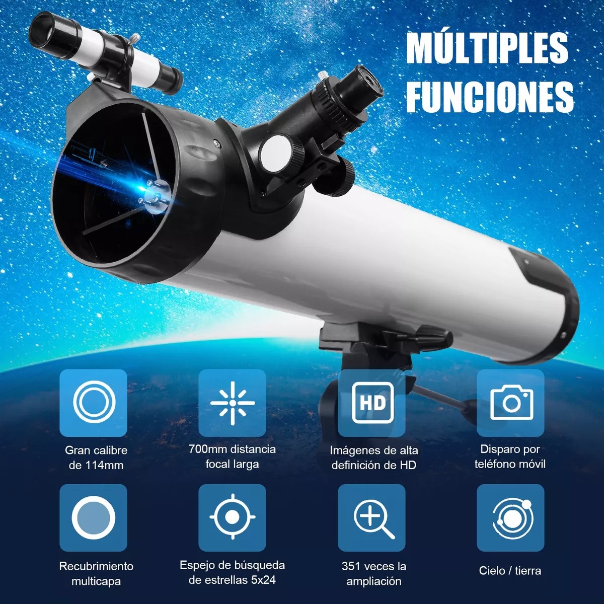 Telescopio Astronómico Hd 35x-525x 114/700mm Reflector