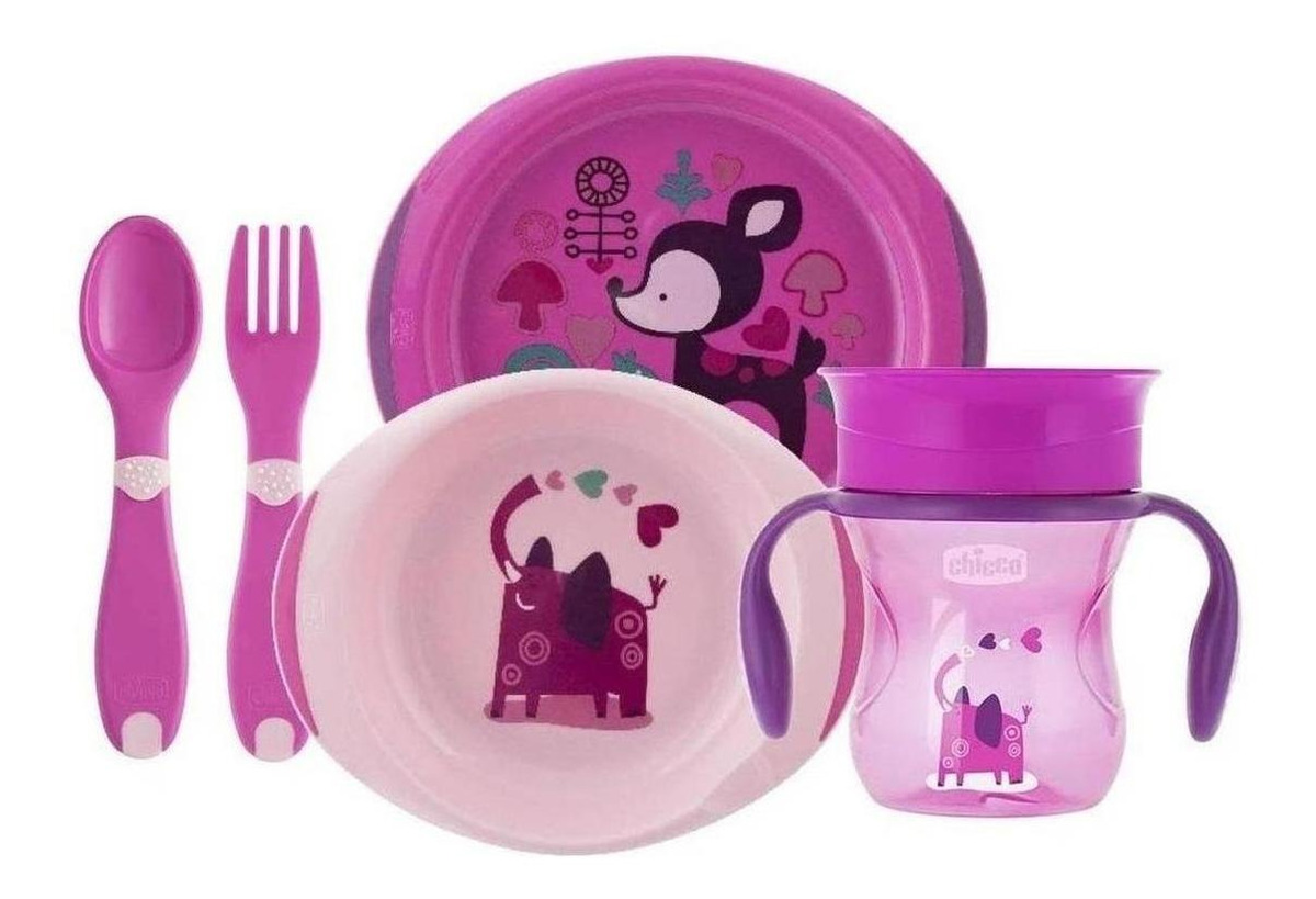 Set Alimentacion Chicco Platos Vaso Entrenador Cubiertos 12m Rosa