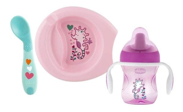 Set Alimentacion Chicco Plato Vaso Entrenador Cuchara 6m+ Rosa