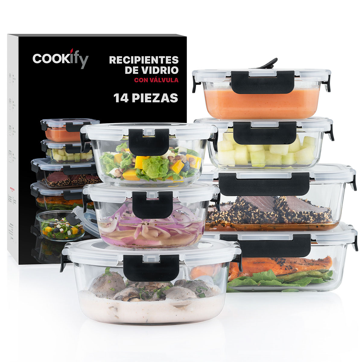 Recipientes de Vidrio Herméticos para Alimentos 7 Contenedores con 7 Tapas - Toppers Cookify