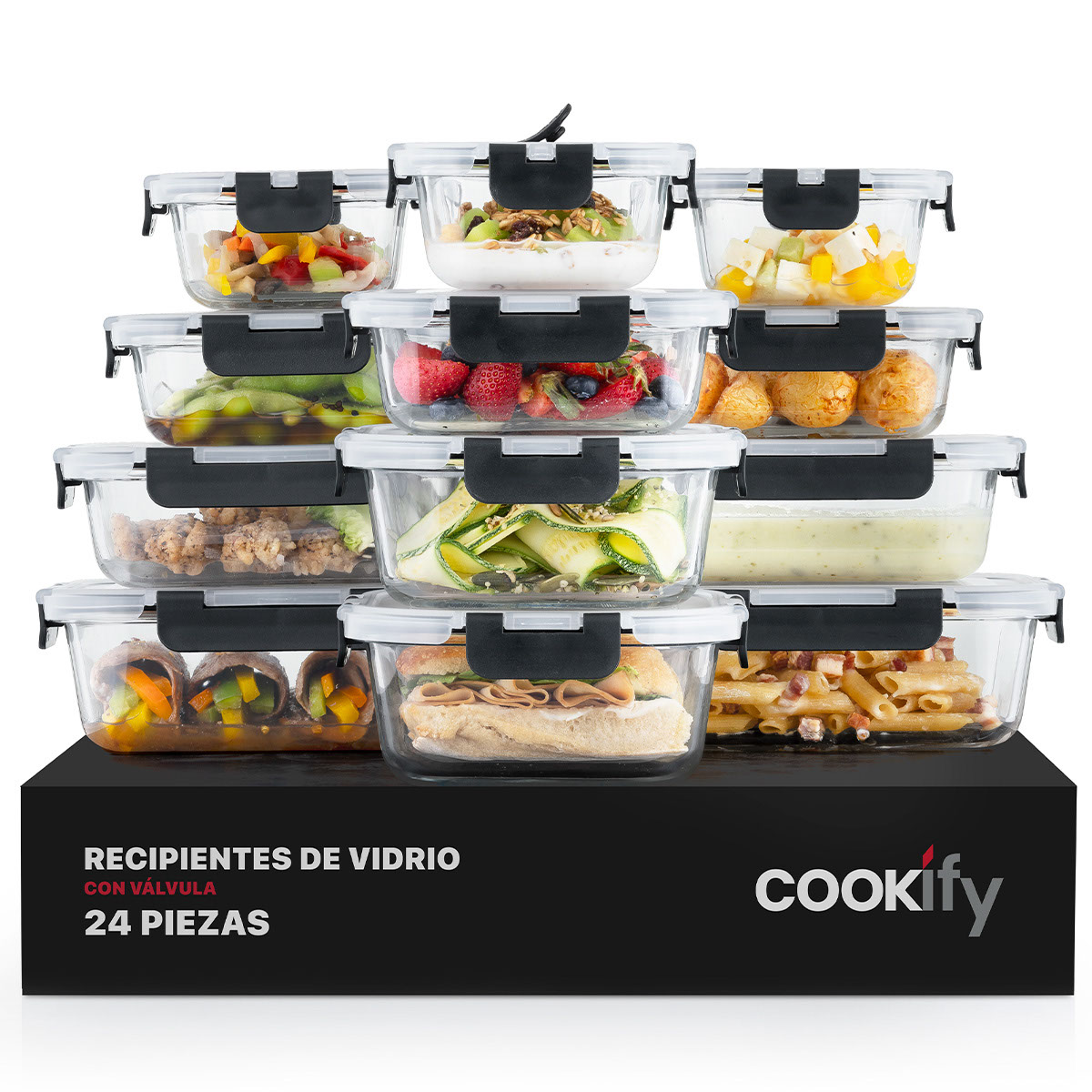 Recipientes de Vidrio Herméticos para Alimentos 12 Contenedores con 12 Tapas - Toppers Cookify