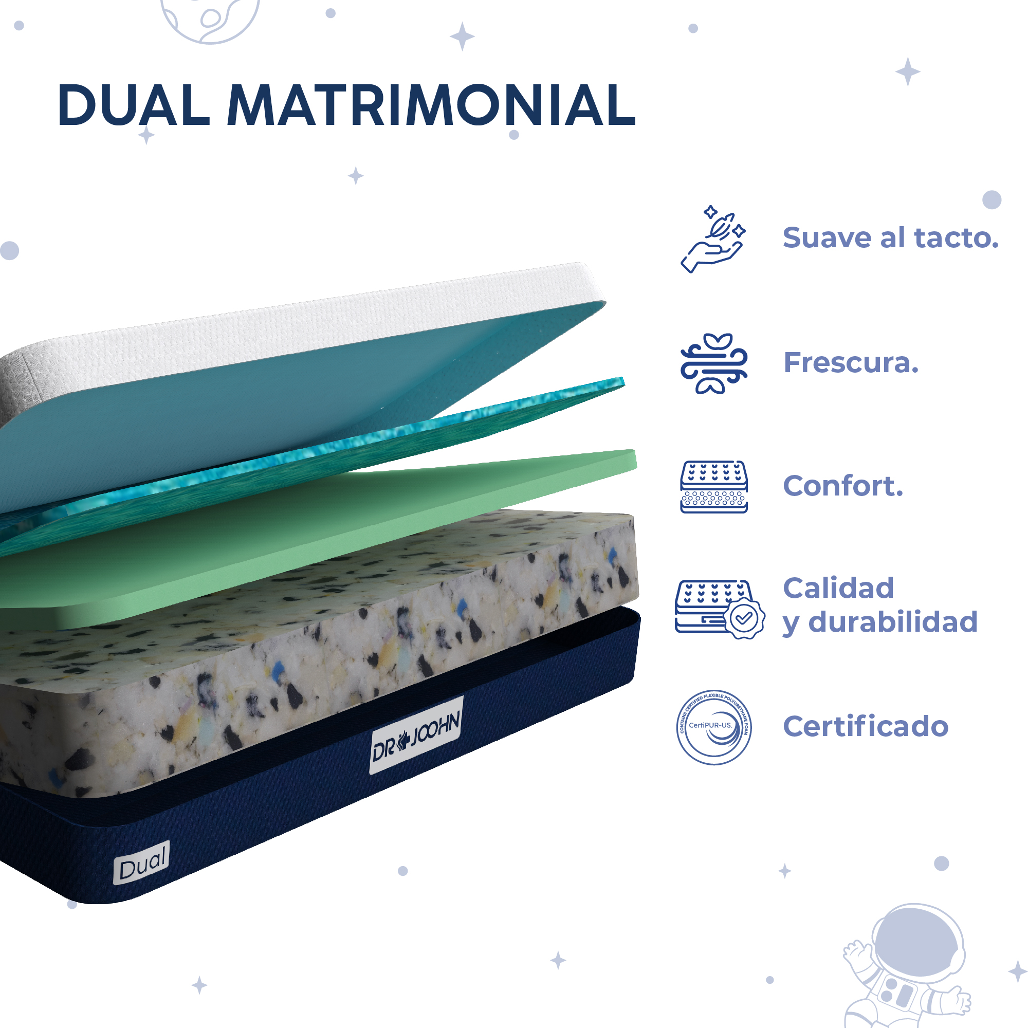 DR JOOHN Colchón Dual Gravity | Matrimonial | 19 cm | Frescura y Comodidad | 3 Capas de Espuma de Alta Densidad | Semi-Firme | Sanitized y CertiPUR-US