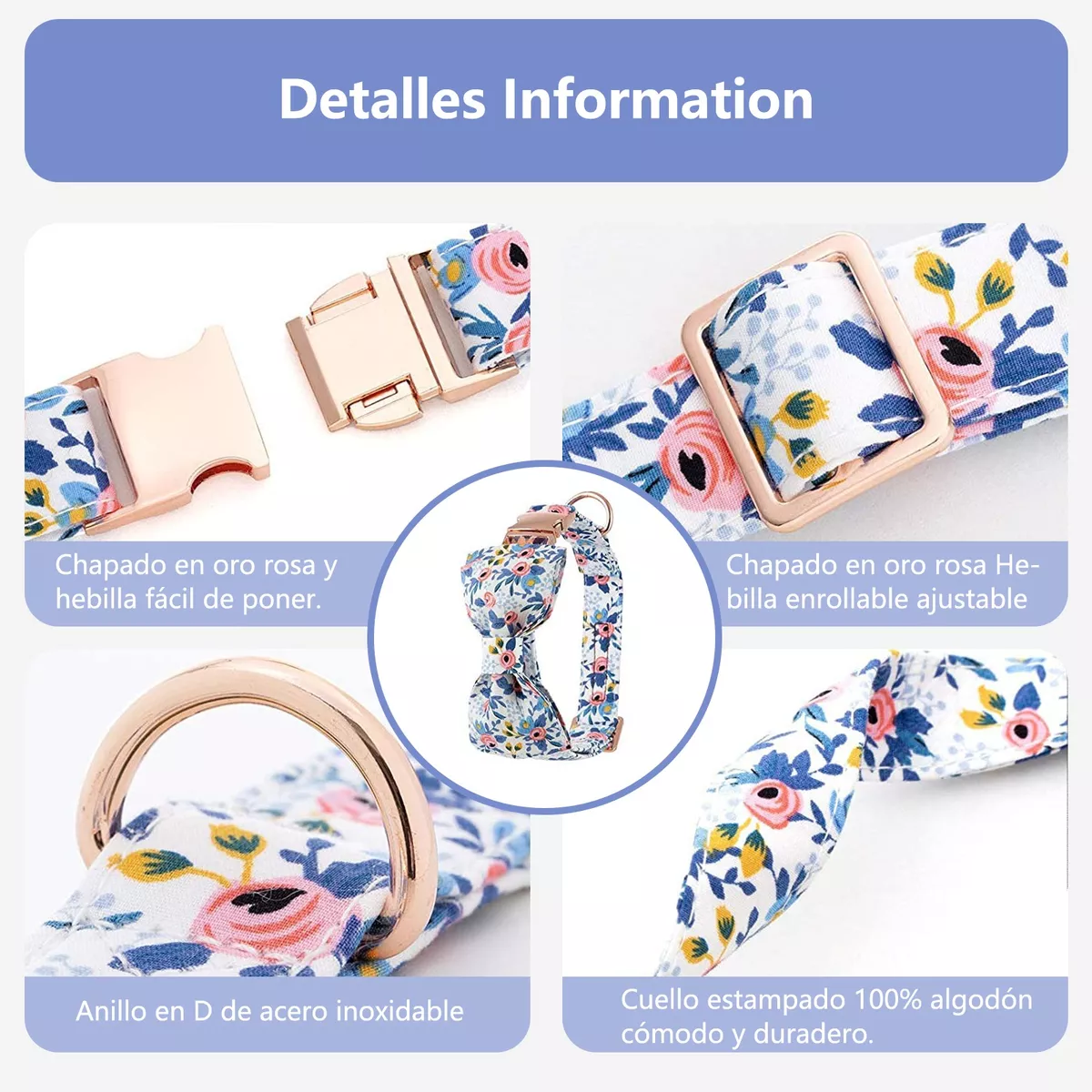 Collar Para Mascotas De Algodón Puro Transpirable Para Perro Azul Talla S