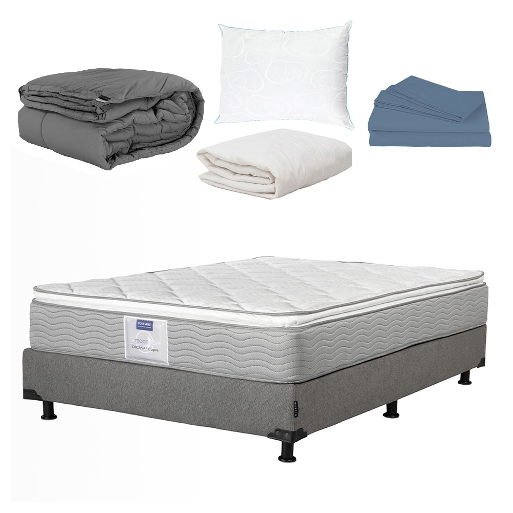 Colchon Matrimonial Dicasa Cupra Con Box Plata, Almohada Oso, Protector, Sabanas y Edredon